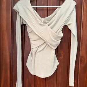 Free People Cream Ribbed Wrap Top
